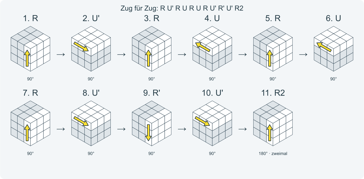 Zug für Zug: R U' R U R U R U' R' U' R2. Nummeriert von links nach rechts.