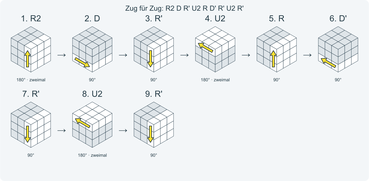 Zug für Zug: R2 D R' U2 R D' R' U2 R'. Nummeriert von links nach rechts.