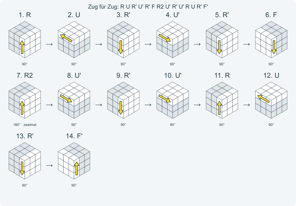 Zug für Zug: R U R' U' R' F R2 U' R' U' R U R' F'. Nummeriert von links nach rechts.